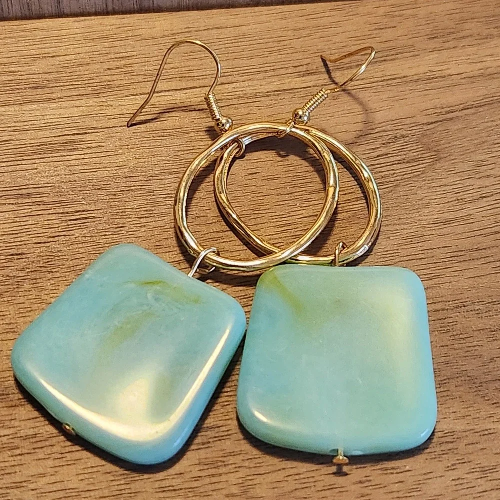 Gold Tone Hoop and Marbled Turquoise Resin Square Geometric Drop Earrings 3 Inch